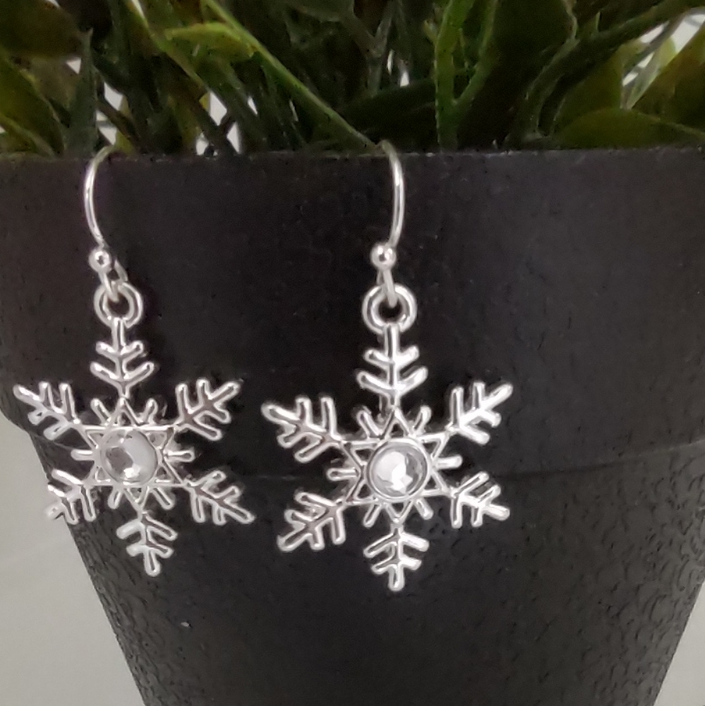 Snowflake Earrings Silver Toned Faux Diamond